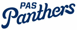 Stylized “PAS Panthers” wordmark in dark blue script with a panther tail integrated into the letter S.