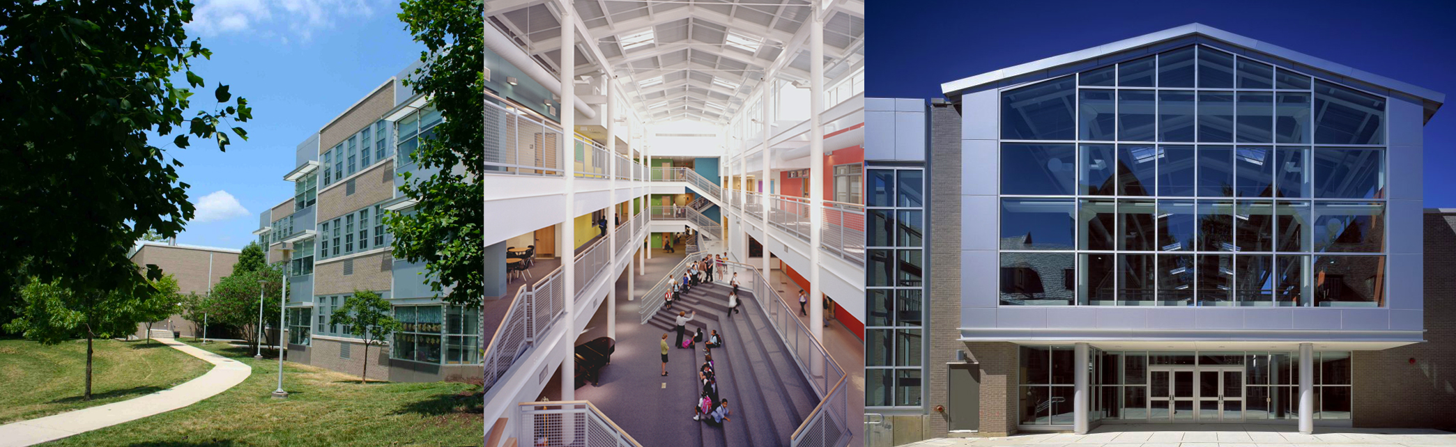 Exterior and interior views of the Penn Alexander School in West Philadelphia. The collage shows the modern three-story brick and glass facade surrounded by greenery, a bright multi-level interior atrium filled with natural light, and the front entrance featuring a large glass gable and reflective windows.