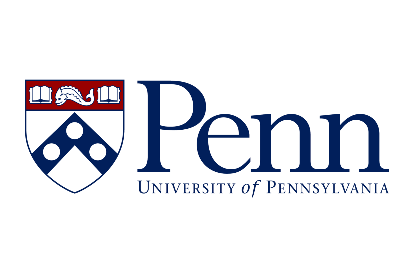 Official University of Pennsylvania logo featuring a red, blue, and white shield with open books, a dolphin, and geometric shapes, alongside the word “Penn” and the text “University of Pennsylvania” in blue serif font.