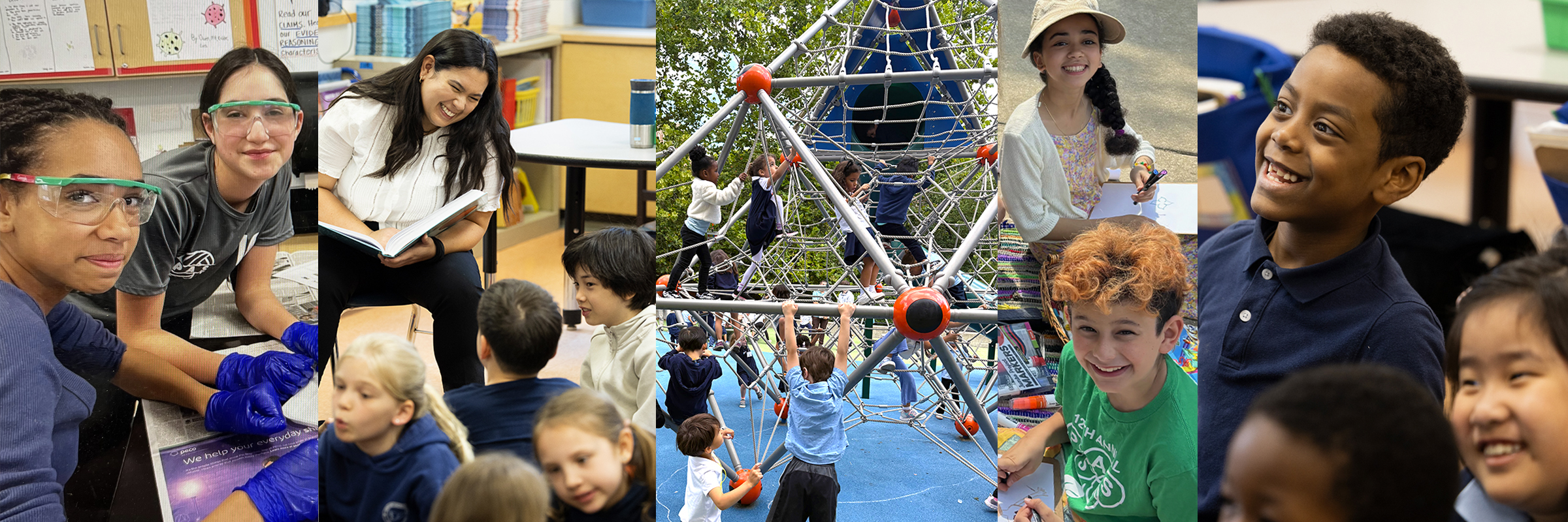 A collage of Penn Alexander School students and teachers engaged in school life—friends posing outdoors, a teacher reading to a class, children climbing a playground structure, and students smiling and learning together in the classroom—capturing the joy and diversity of the school community.